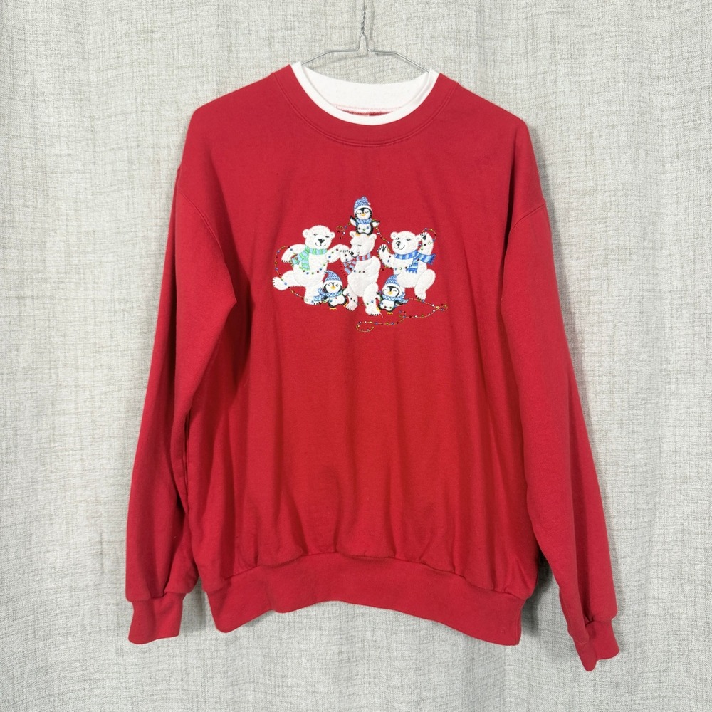 Morning Sun Holiday Sweatshirt Sz L Red Polar Bear Penguin Christmas Winter Vtg